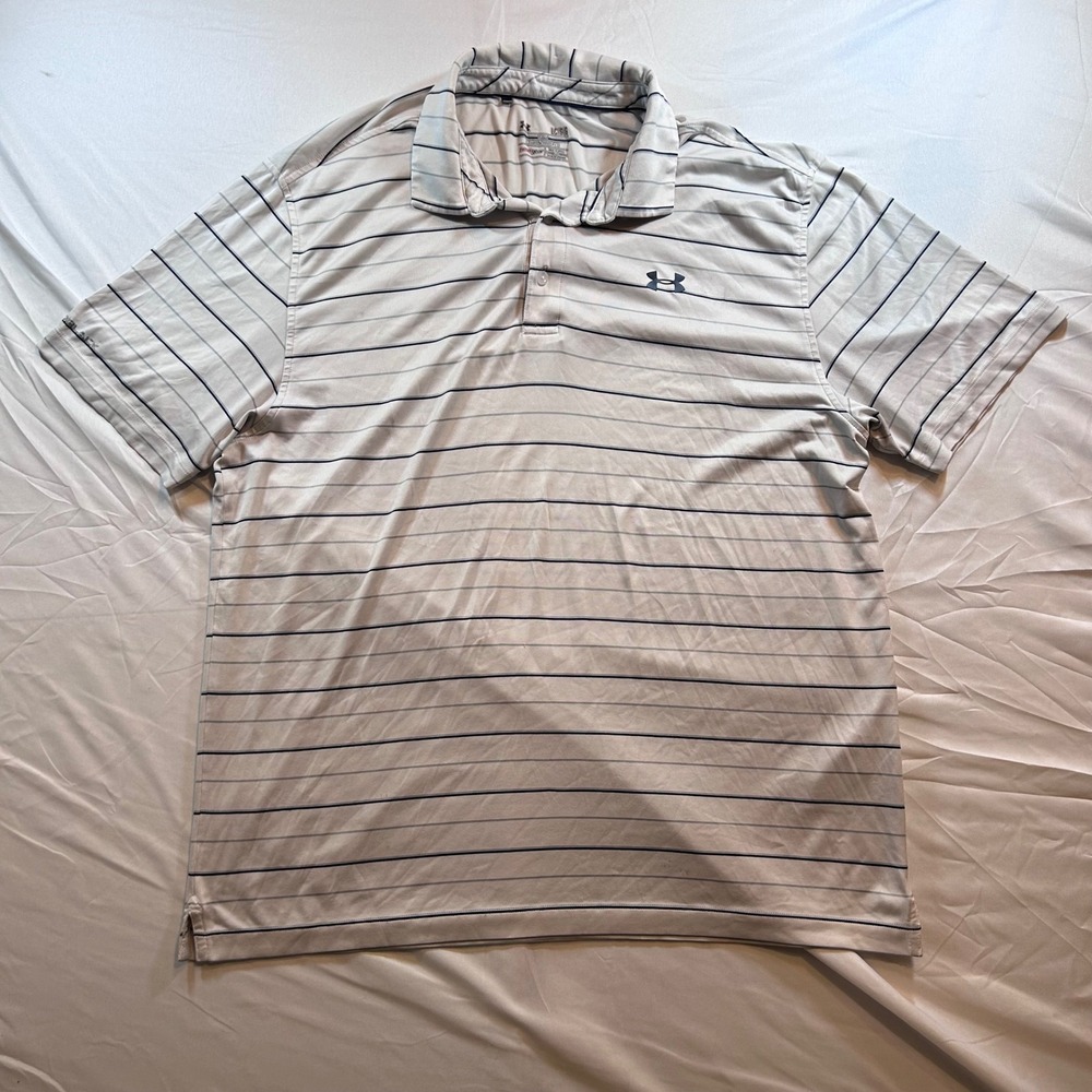 Under Armour Mens HeatGear Coldblack Striped Golf Polo Shirt White Navy Large
